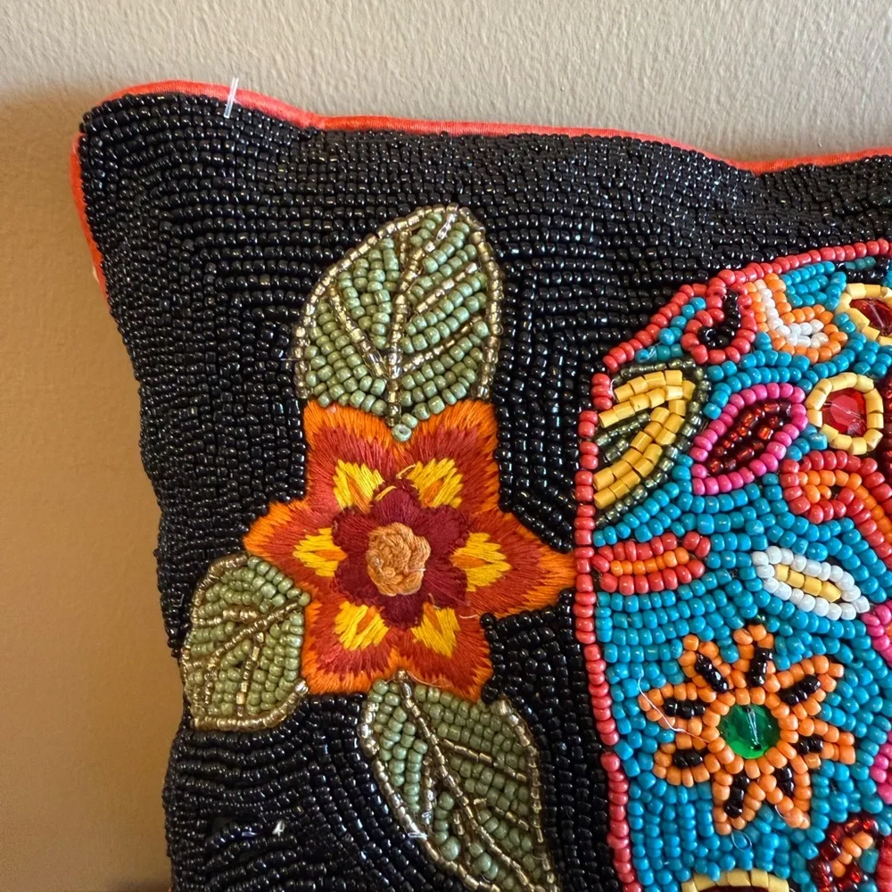 Pier One RARE Glass Beaded Day of the Dead/Halloween Pillow. Beautiful!